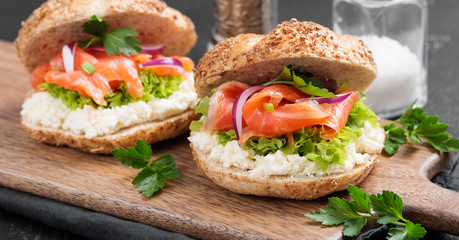 Smoked Salmon Sandwich with cream cheese for breakfast .