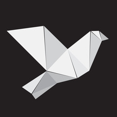 Vector dove in origami technique on black background.