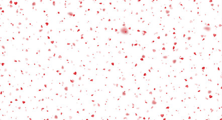 Valentines Day background of red hearts petals falling on white background. Symbol of love for the label gift packages. Flower petal in shape of heart confetti. Decor pink element for greeting cards.