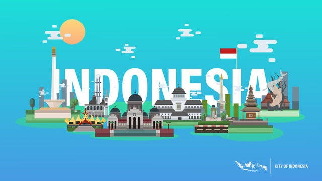 City of Indonesia Vector Illustration - Jakarta Yogyakarta Bali Aceh Pontianak Bandung Lampung Surabaya Bangka Belitung