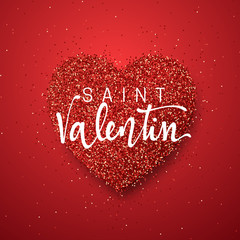 Happy Valentines Day. lettering French Inscription handmade. Saint Valentin. Greeting card on red bright heart background. Decoration for design of brochures, posters, web. World celebration love