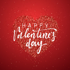 Fototapeta na wymiar Happy Valentines Day lettering greeting card on red bright heart background. Festive banner and poster.