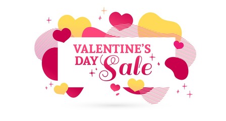 Template design banner for Valentine's day offer. Geometric abstract shape background with decor heart and elements for Happy Valentine's day sale. Romantic promotion card and flyer. Vector.