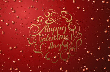 Happy Valentines Day lettering golden colors for greeting card. Gold beads on a background. Festive banner and poster.