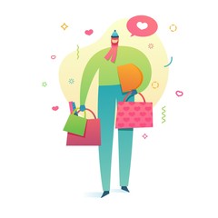 Template design banner for valentine's day with cute  romantic character. Poster of love with modern flat people and pattern heart shape. Man with shopping bag for valentine offer. . Vector