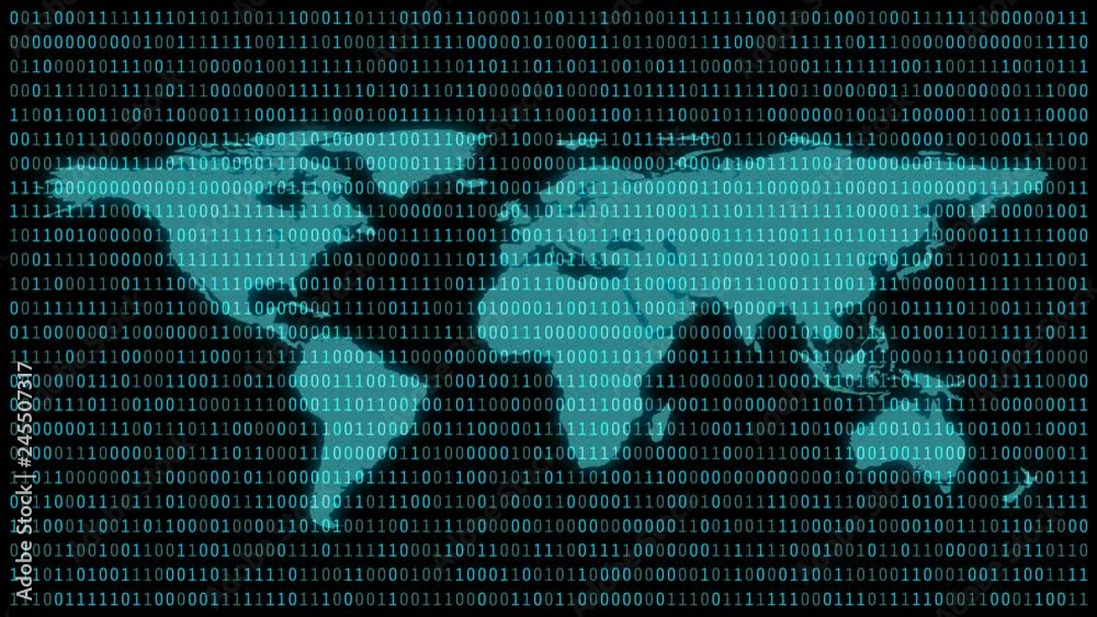Fototapete World map with 01 or binary numbers on the computer screen on monitor matrix background, Digital data code in hacker or security technology concept. Abstract illustration