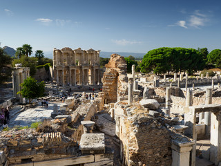 Tthe ruins of Celsius Library and other buildings in the ancient  city of Ephesus, Izmir Province, Turkey..