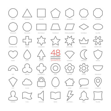 Editable stroke outline vector set basic education shapes. Thin geometric figures collection. Simple design symbols. Circle, triangle, square, arc, trefoil, quatrefoil, ring, flower, pinion, location.