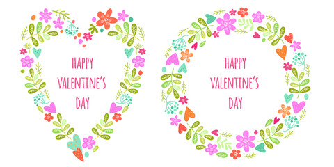 Valentine's Day greeting card. Vector watercolor abstract botanical ethnic painting. Floral wreath with hearts