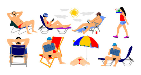 Sunny day on the beach vector illustration. (girl, man, woman, swimmer, tourists). Water sport. Happy people active life. Skin care protection concept. Summer time. Holiday rest and relaxation.