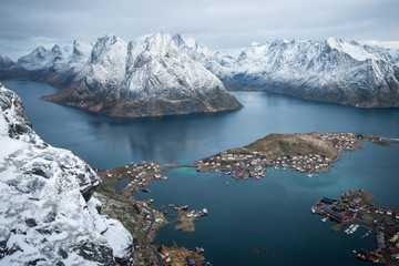 Landscape drone photo of Reine village view from the top of Reinebringen at Lofoten Norway