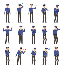 Obraz premium Set of policeman characters showing various emotions. Police officer crying, laughing, angry, sleeping, in love, tired and showing other expressions. Flat design vector illustration