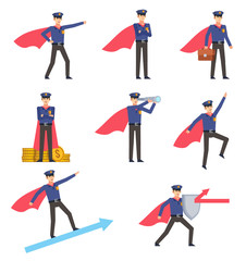 Fototapeta na wymiar Set of policeman characters with superhero cloak showing various actions. Super policeman protecting, flying, holding spyglass and showing other actions. Flat design vector illustration