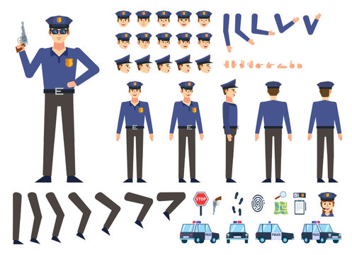 Police officer creation kit. Create your own pose, action, animation. Various emotions, gestures, design elements. Flat design vector illustration