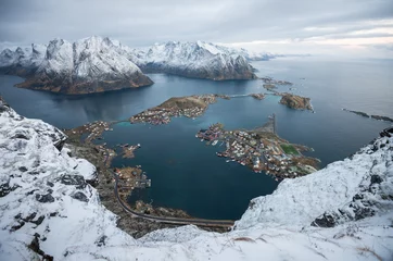 Fotobehang Landscape top view of Raine village and mountain islands from the peak of reinebringen © magneticmcc