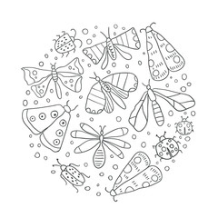 Outline circle illustration with bugs. doodle art