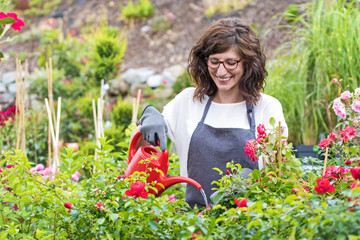 Freundlich lächelnde Gärtnerin beim bewässern der Rosen