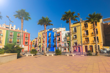 Fototapeta premium Beautiful promenade with flowers, palm trees, trees against the colorful houses of the ancient city of Villajoyosa Spain.