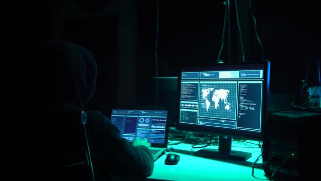 Hackers making cryptocurrency fraud using virus software and computer interface. Blockchain cyberattack, ddos and malware concept.
