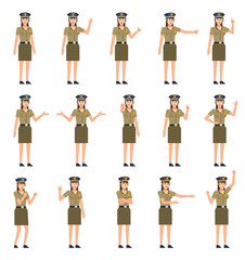 Set of policewoman characters showing diverse hand gestures. Policewoman showing thumb up, victory hand, stop, point, greet and other gestures. Flat design vector illustration