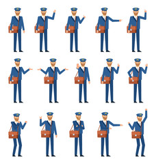 Set of postman characters showing various hand gestures. Cheerful mailman pointing, greeting, showing thumb up, victory hand and other gestures. Flat design vector illustration