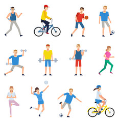 Fototapeta na wymiar Set of people doing various sports. Man and woman riding bike, playing football, basketball, volleyball, running and showing other actions. Flat design vector illustration