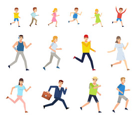 Fototapeta na wymiar Set of people running. Man, woman, boy and girl running. Flat design vector illustration