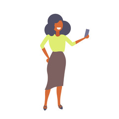 businesswoman taking selfie photo smartphone camera happy business woman using mobile application full length cartoon character flat isolated