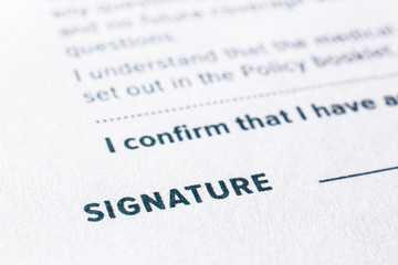 Close up word signature on business agreement form.