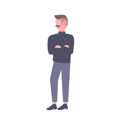 businessman folded hands standing pose casual business man mustaches trendy haircut full length male cartoon character flat isolated