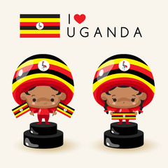 Boy and girl wearing national hat and holding national flags : Uganda : Vector Illustration