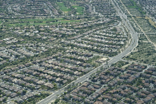 Aerial perspective of a golf resort community development