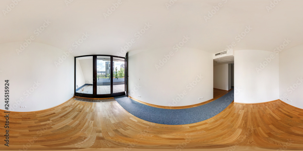 Sticker panorama 360 view in modern white empty loft apartment interior of living room hall, full seamless 3