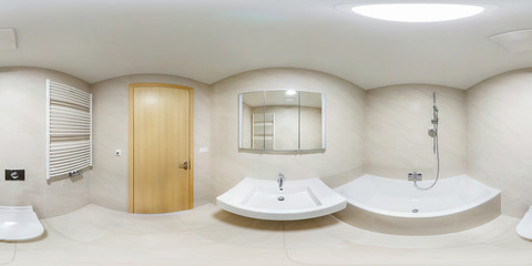 360 panorama view in modern white empty restroom bathroom with shower cabin, full 360 by 180 degrees panorama in equirectangular spherical projection, skybox VR content