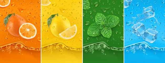 Juicy and fresh fruit. Orange, Lemon, mint, ice water. Dew drops and splash. 3d vector realistic set. High quality 50Mb eps