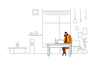 man freelancer using laptop sitting workplace guy working process concept modern office or living room interior sketch doodle horizontal