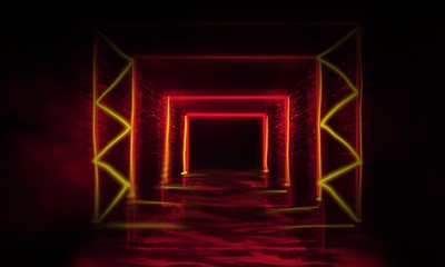 Abstract empty, old tunnel, corridor, arch, dark room, neon illumination, thick smoke, smog. Bright neon background. 3d illustration