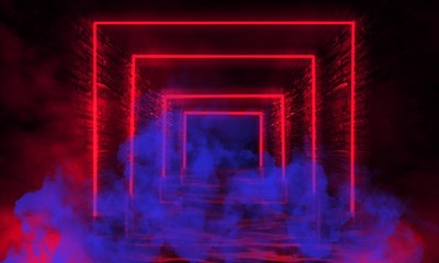 Abstract empty, old tunnel, corridor, arch, dark room, neon illumination, thick smoke, smog. Bright neon background. 3d illustration