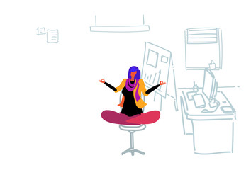 businesswoman sitting yoga lotus pose relaxing meditation concept business woman doing exercises workplace office interior flat doodle horizontal