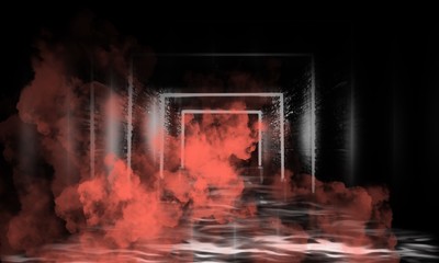 Abstract empty, old tunnel, corridor, arch, dark room, neon illumination, thick smoke, smog. Bright neon background. 3d illustration