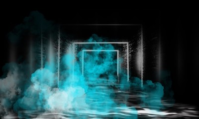 Abstract empty, old tunnel, corridor, arch, dark room, neon illumination, thick smoke, smog. Bright neon background. 3d illustration