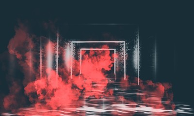 Abstract empty, old tunnel, corridor, arch, dark room, neon illumination, thick smoke, smog. Bright neon background. 3d illustration