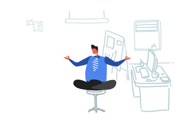 businessman sitting yoga lotus pose relaxing meditation concept business man doing exercises workplace office interior flat doodle horizontal