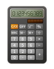 Bright realistic calculator with glossy buttons and electronic display on white