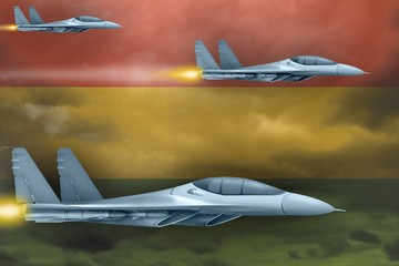 Bolivia air forces strike concept. Air planes attack on Bolivia flag background. 3d Illustration