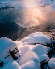 Snowy Winter river sunrise