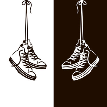 illustration with hanging on shoelaces shoes