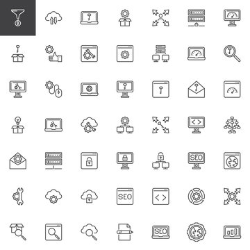 Search engine optimization line icons set. linear style symbols collection, outline signs pack. vector graphics. Set includes icons as SEO Funnel, Cloud Computing, Laptop settings, User Keyword
