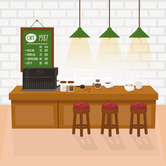 Cafe room - cozy interior with coffee machine, table and white brick wall.  Cafeteria vector