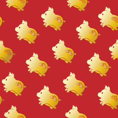 Chinese New year background. Golden pig on red background pattern. Year of pig.